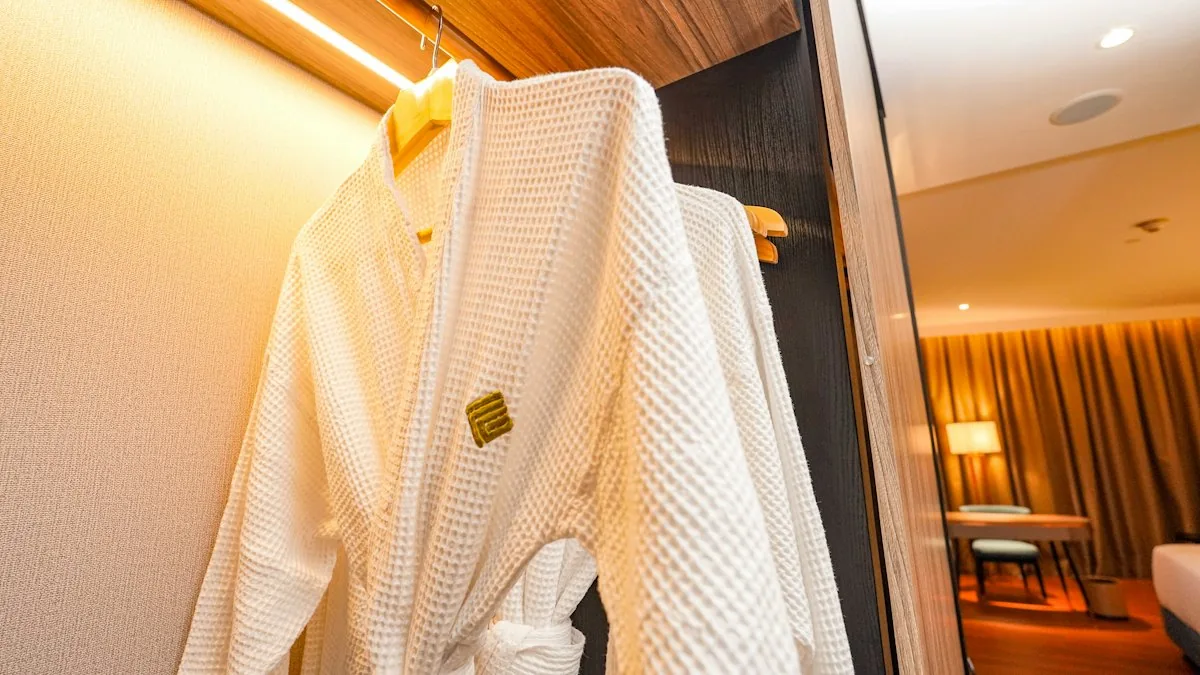 Plush white bathrobe in a luxury hotel suite