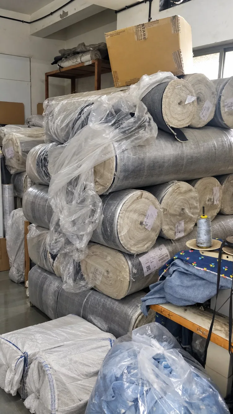 Rolls of fabric stocked in the store